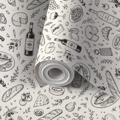Peel and Stick Wallpaper Contact Paper Black White Wine Cheese Food Grapes Bread Fish Self Adhesive and Removable 24in x 118in(60x300cm)