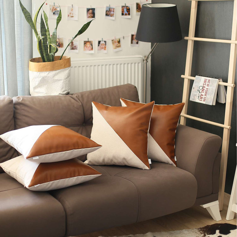 Housse de coussin carrée en similicuir, Blanc / brun