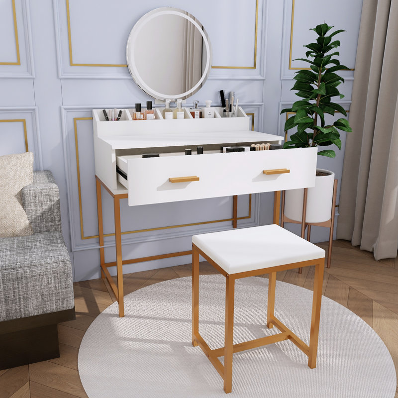 Ensemble de coiffeuse avec miroir et tabouret - coiffeuse de maquillage avec tiroirs de rangement et organisateur, blanc et doré, conception peu encombrante pour les petites chambres