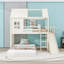 Lit superposé simple au dessus d'un lit double avec glissoire et tablettes de rangement-129448457