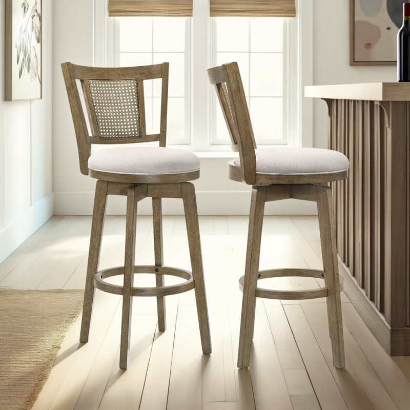 Demeterius Counter Height Or Bar Height Rubberwood Barstool With Fabric Seat, 2, Bar Stool (30.13” Seat Height), Cream