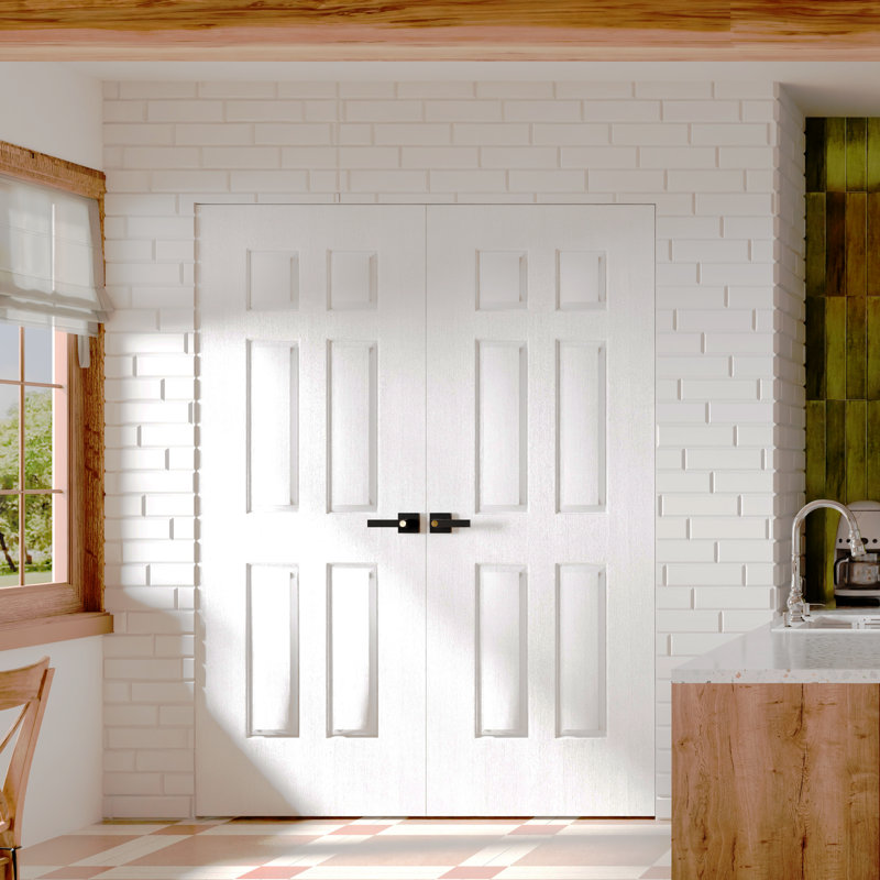 Portes intérieures de garde-manger intérieures - dalle de porte double standard à 6 panneaux blancs avec poignées préfinies à poignée noire