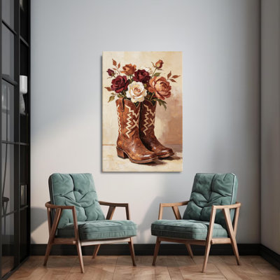 Roses in Western Boots Western Canvas Wall Art, 24" x 36" Gallery Wrapped Canvas Print, Brown & Pink Western Floral Wall Decor for Living Room, Bedroom & Entryway
