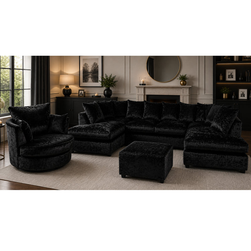 7 Seater Velvet Sectional, Black