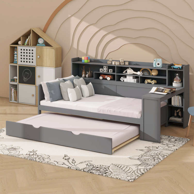Wooden  Daybed With Storage Shelving, Functional Bed Accompanied By A Twin-Sized Pull-Out Trundle And A Study Desk, Twin