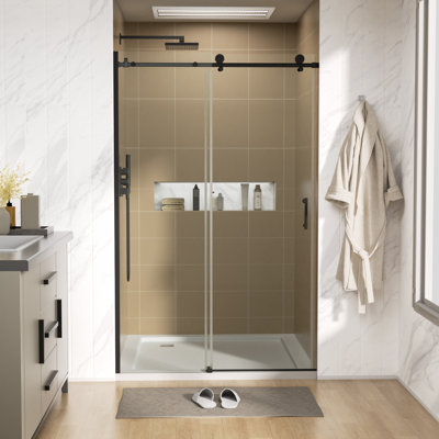 48in W x 76in H Top Hung Frameless Double Sliding Shower Door 8mm Tempered Glass No Bottom Track Bypass Shower Door Chrome Brushed Silver Brushed Gold Matte Black Glass Shower Enclosure