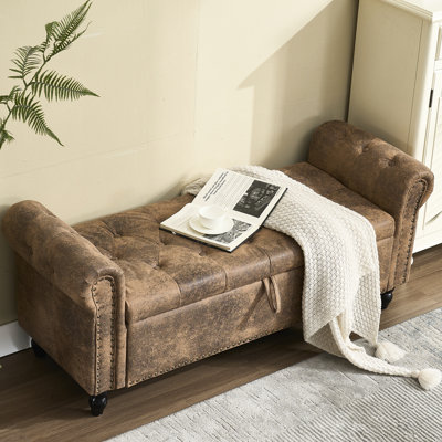 Banc de rangement rembourré en tissu. 55,12 pouces. Pour le salon et la chambre à coucher. Super pratique avec beaucoup de rangement. Bouton. Résiste à 275 lb Textiles variés. Rivets en métal. Traction. Pieds noirs. Mousse