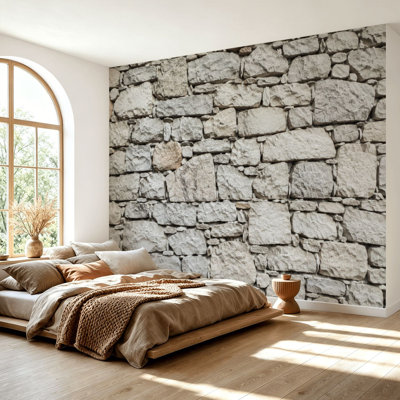 Wall Mural Peel and Stick Wallpaper White Stone Wall Rustic Natural Rock Blocks Weathered Surface Self-Adhesive Removable Contact Paper Wall Decor for Living Room Bedroom 69"H x 96"W