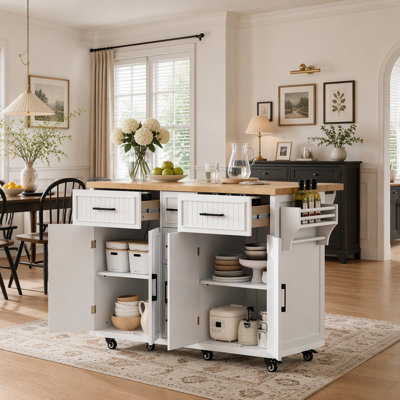 Rolling Kitchen Cart with Drop Leaf, Power Outlet, and Ample Storage, Ideal for Modern and Farmhouse Kitchens