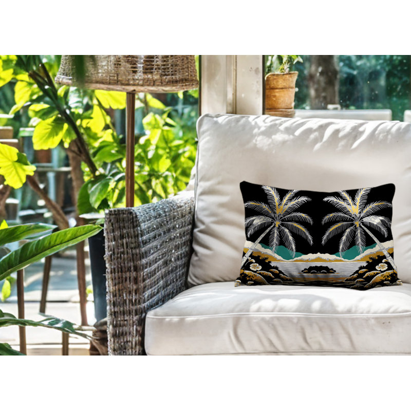 Oreiller rectangulaire réversible intérieur / extérieur Groove Palm, Rectangle H 14 po x l 20 po, Noir