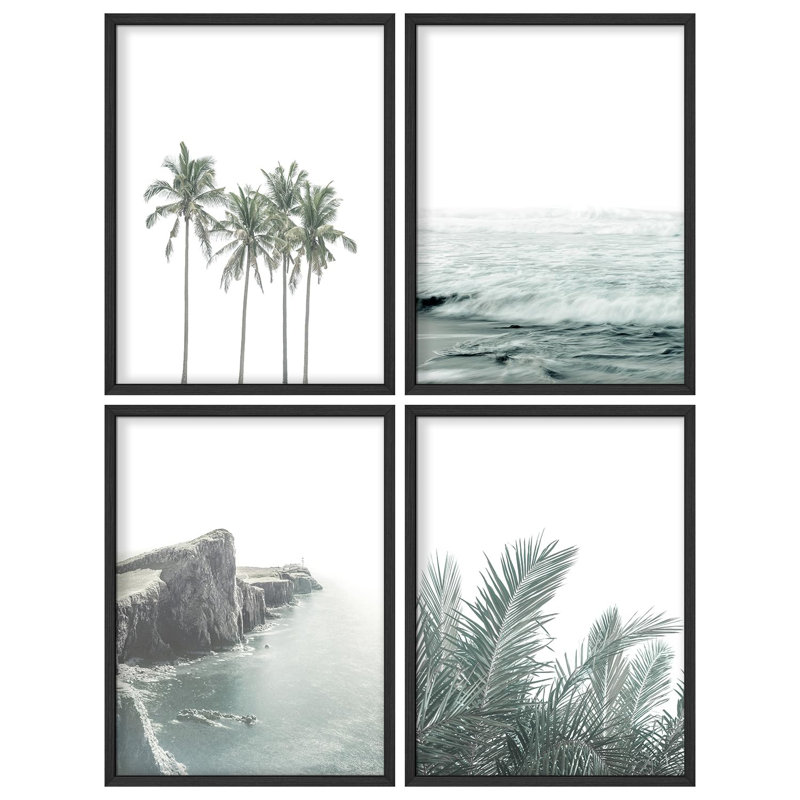 «Coastal Serenity Green and White Tones Modern Artwork Minimalist Wall Decor», 4 pièces, Or, H 32 po x l 24 po