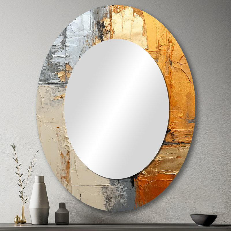 Gold Grey Gleaming Geometry XV - Large Oval Wall Mirror On Metal, 43" x 33"