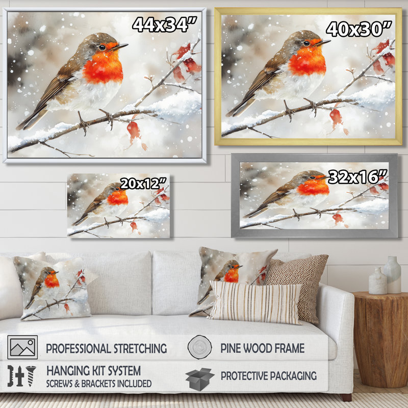 Hiver, oiseau rouge dans la forêt II - oiseau, art mural, H 30 po x l 40 po, Cadre simple, Blanc