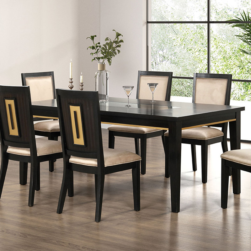 Table de salle à manger rectangulaire en bois avec plateau en verre espresso