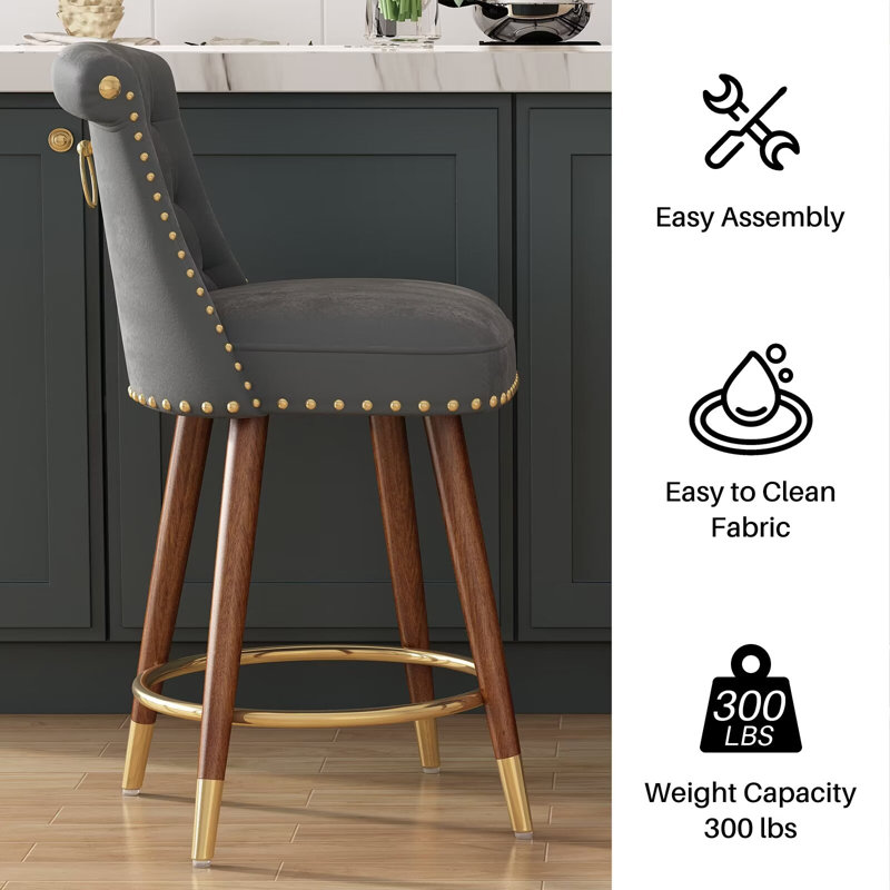 Gray Velvet Upholstered Swivel Counter Stools with Wood Legs, Set of 2