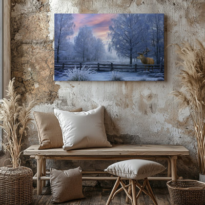 Toile, "Un paysage d'hiver serein avec un majestueux cerf debout près de l'art mural", une clôture en bois rustique entourée de neige, art mural