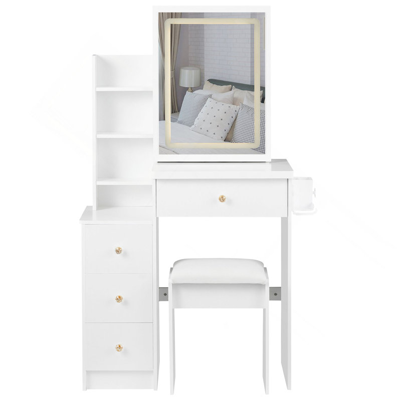 29.2" Small Size Left Bedside Cabinet Vanity Table + Cushioned Stool, 2 AC+2 USB Power Station, Hair Dryer Bracket, Extra Large Touch Control Sliding LED Mirror, Tri-Color Switching, Brightness Adjust