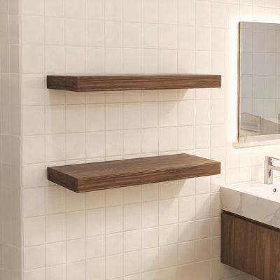 Ensemble de 2 tablettes murales flottantes de 31,5 pouces de largeur, panneau de particules minimaliste moderne avec finition brune pour le rangement et la présentation