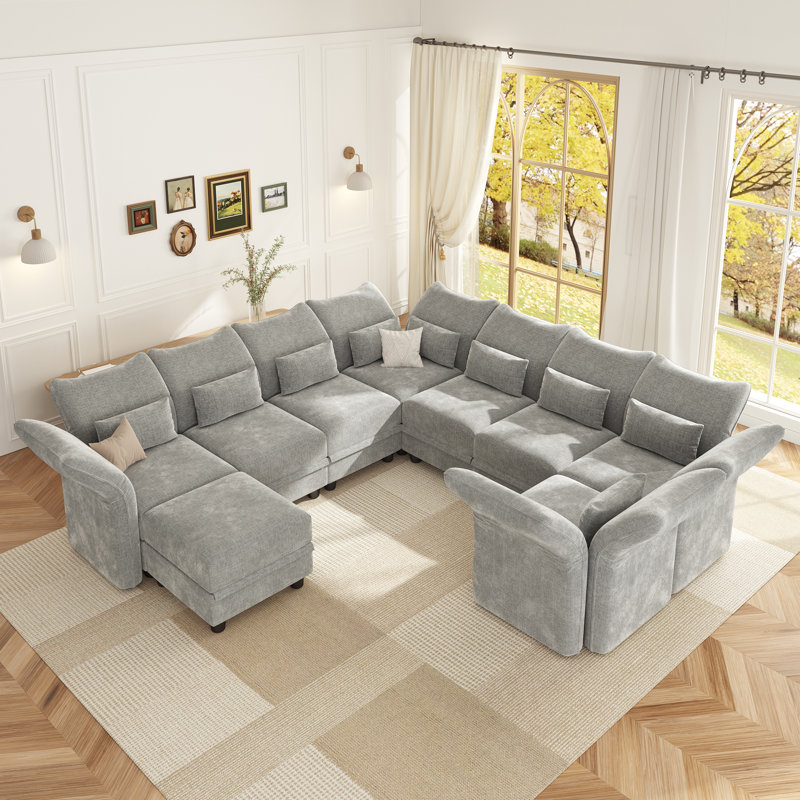Canapé modulaire en microfibre avec repose-pieds de 114 po Braedynn, Microfibre gris clair