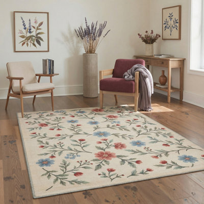 Machine Washable Floral Vines / Oatmeal Grain Indoor Area Rug With Non-Slip Backing