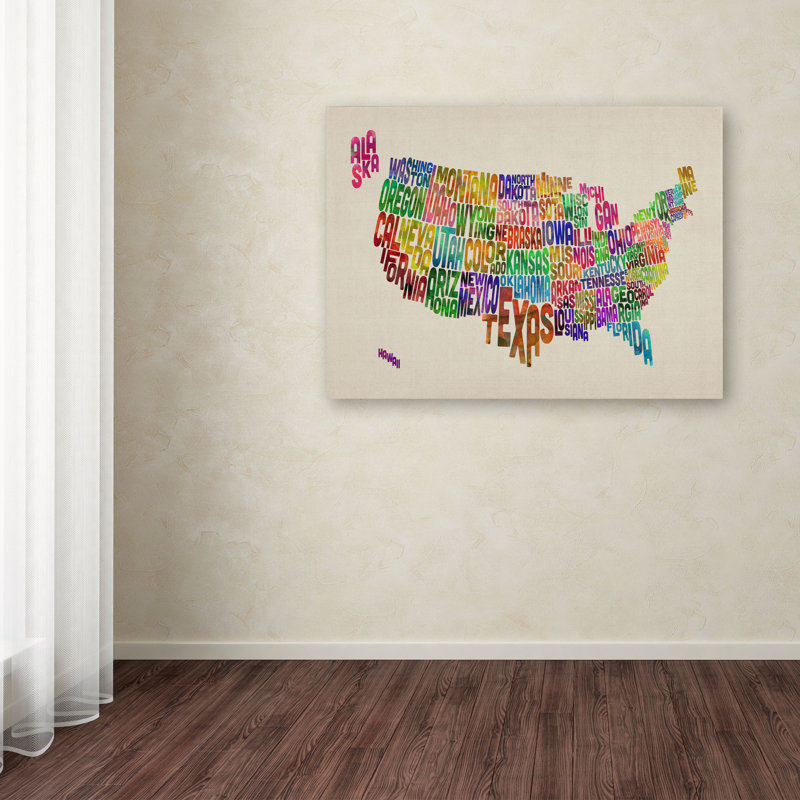 « usa states map text map » par michael thompsett, art textuel sur toile tendue encadrée, H 16 po x l 24 po x P 2 po