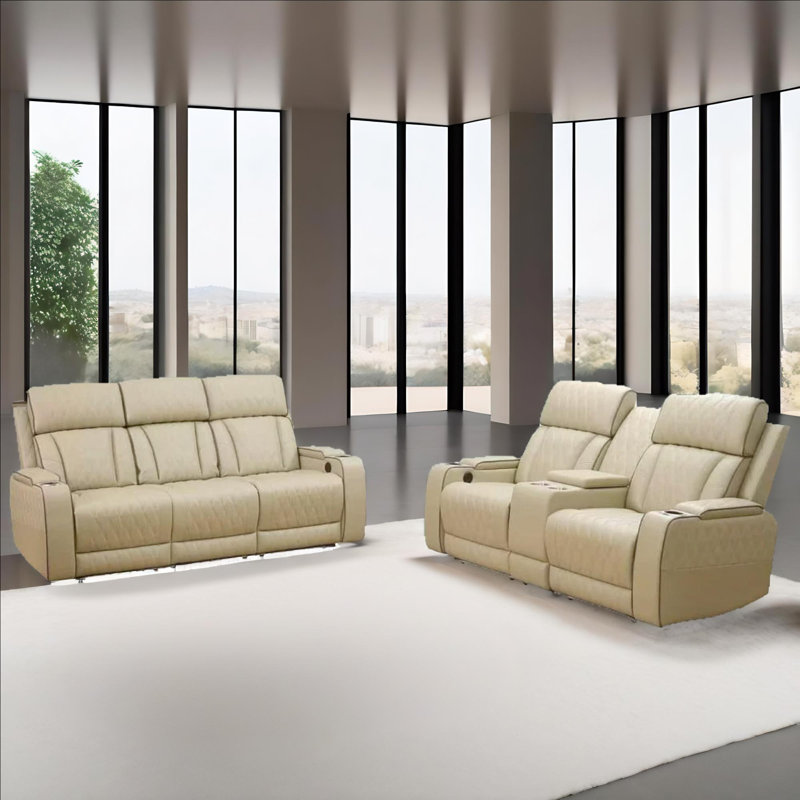 Ensemble de canapé de salon inclinable électrique en cuir vegan 2 pièces Simplica Beige