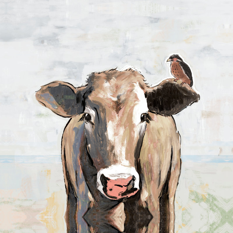 Painterly Cow And Common Bird - Wrapped Canvas Painting, 30cm H x 30cm W