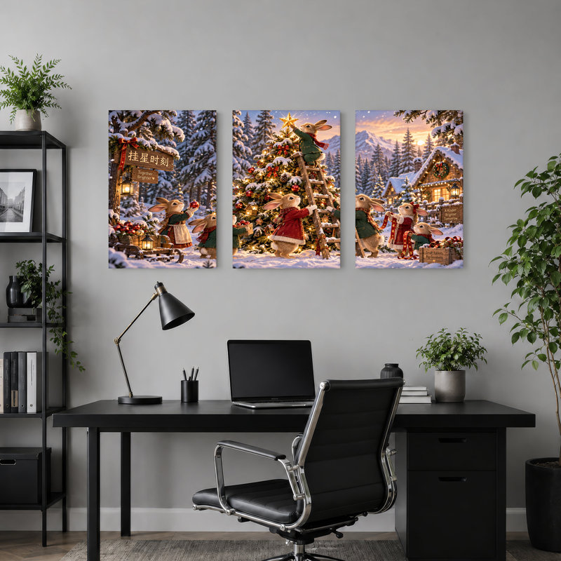 Ensemble de 3 toiles murales de Noël représentant des lapins décorant un sapin dans une forêt enneigée