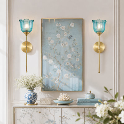 Vintage LED Wall Sconce With Remote -rechargeable Wireless Gold Wallchiere With Tulip Glass Lampshade, 12 RGB Colors & Dimmable Function (Bulbs Included) for Bedroom, Living Room & Hallway.