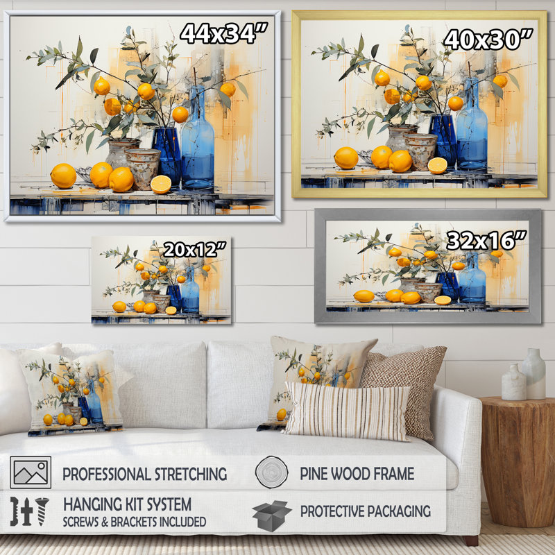 Décoration murale bohème bleue et jaune agrume III - Boho Pottery, H 16 po x l 32 po x P 1 po, Cadre flottant blanc