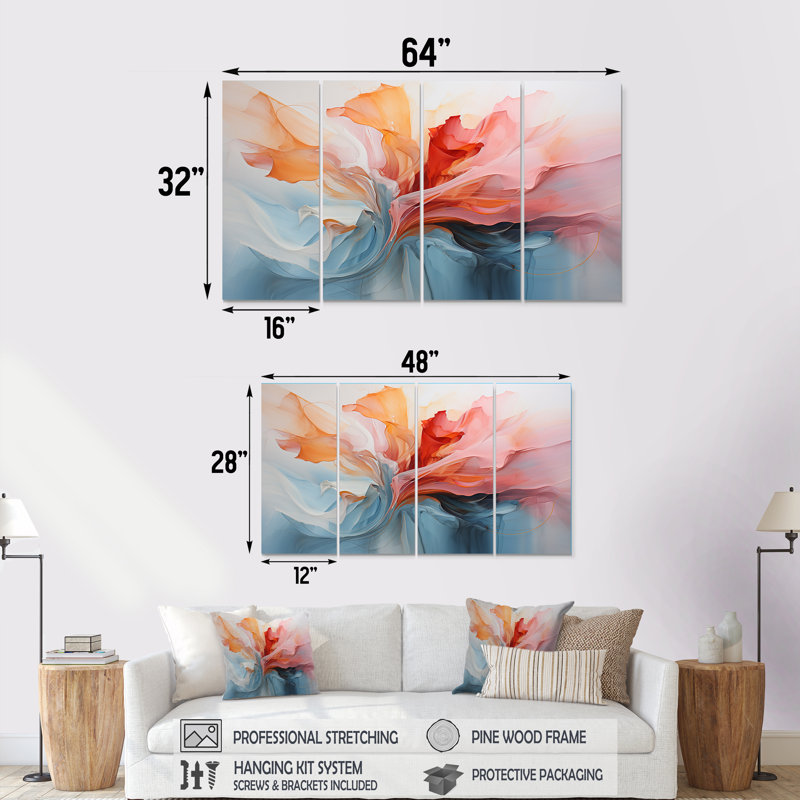 Rose et bleu apaisant tourbillons II - ensemble de 4 peintures murales abstraites, H 28 po x l 48 po