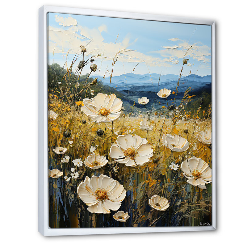 Buttercups Flowers Mountain Landscape sur toile, Cadre flottant blanc, H 20 po x l 12 po x P 1 po
