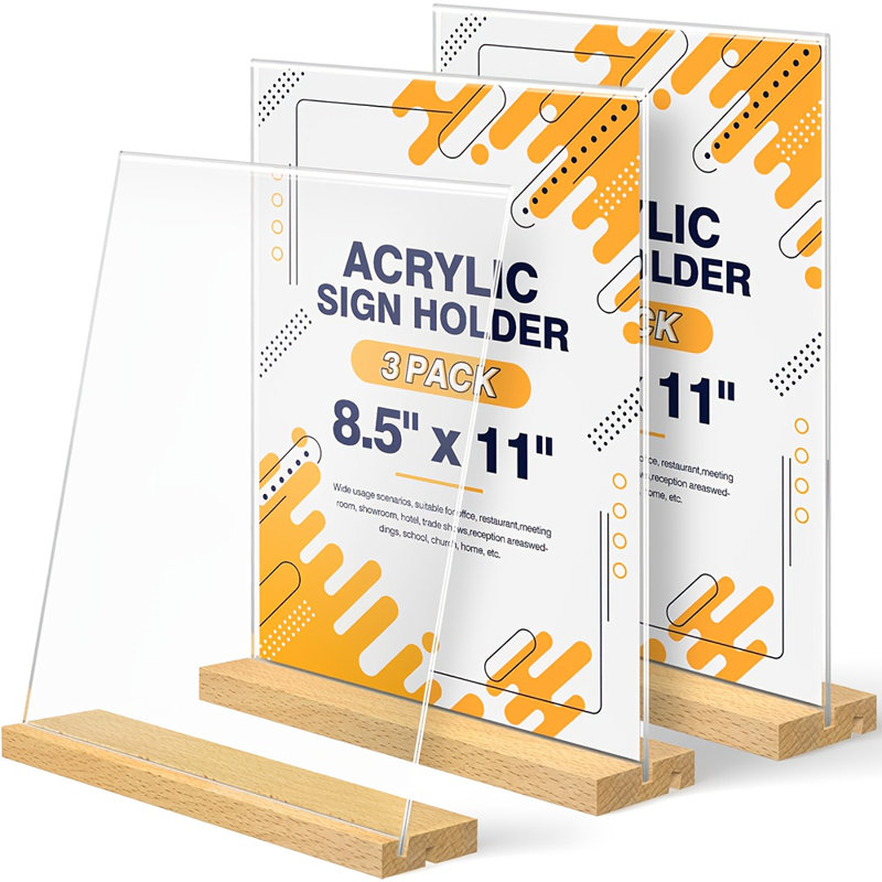 Porte-affiche en acrylique 8,5 po x 11 po avec base en bois - Présentoir de table, forme verticale ou inclinée pour affichage sur papier