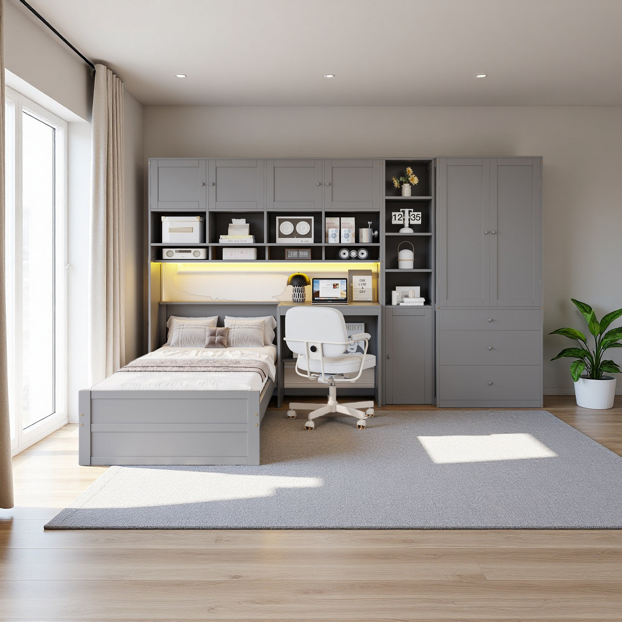 Latitude Run® Lit plateforme en bois pour une personne avec bureau ...