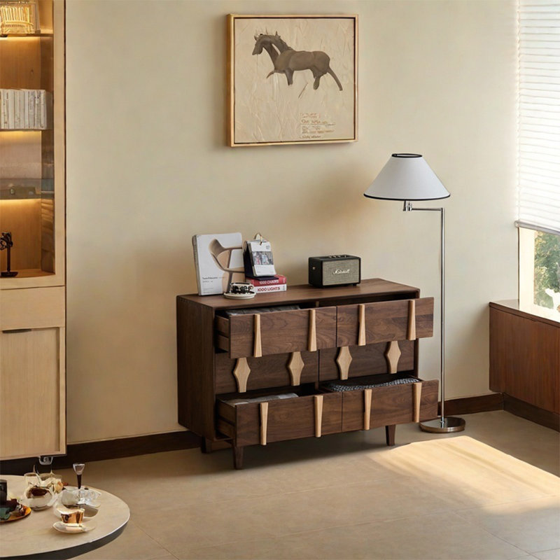 Walnut Wood Cabinet with Six Drawers and Wide Top