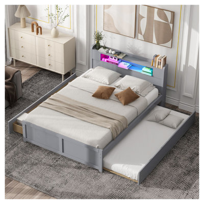 Lit plateforme grand en bois avec tête de lit à DEL, lit gigogne simple et tiroirs de rangement - Structure de chambre moderne grise