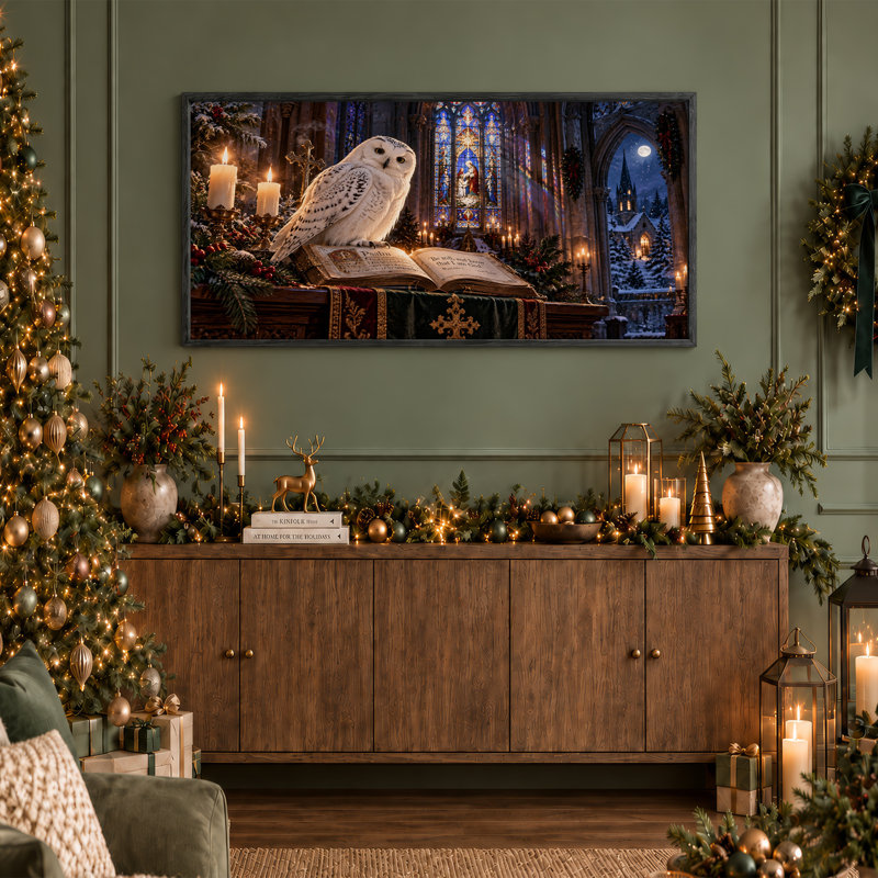 «Snowy Owl on Open Bible in Stain Glass Church», art mural sur toile, L 58 po x H 28 po