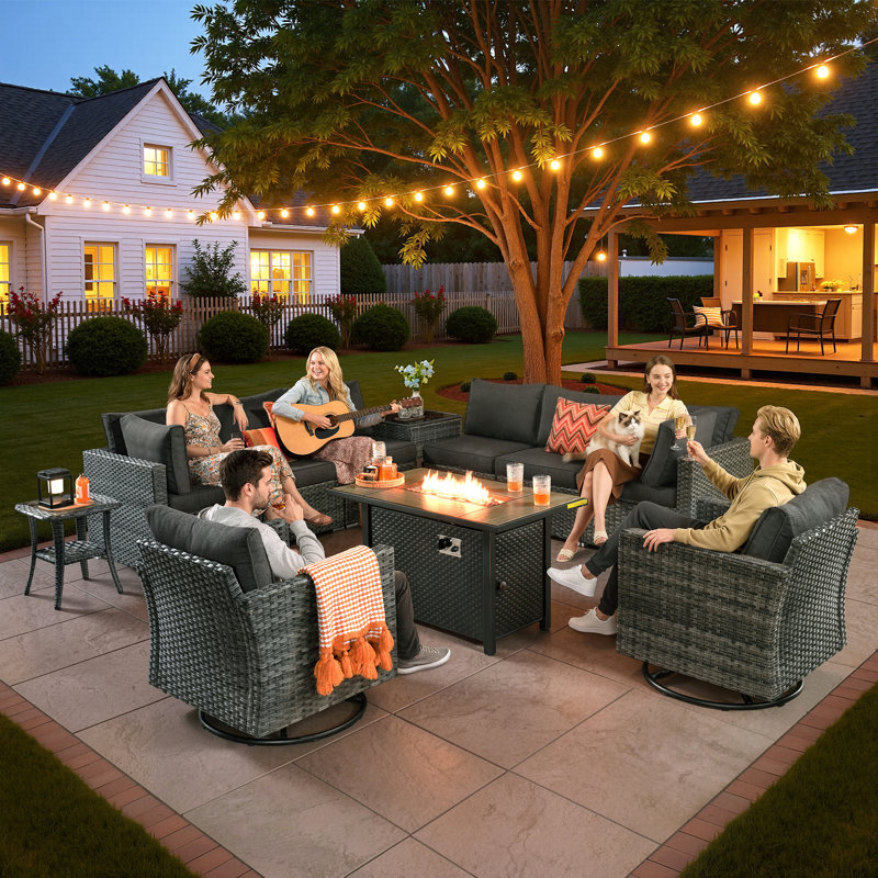 Aliva 8-Person Wicker Seating Group with Water-Resistant Cushions, Black