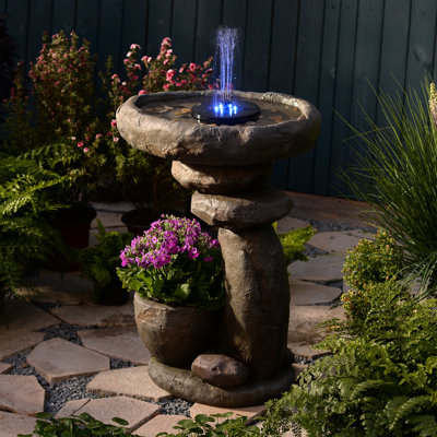 Bain d'oiseaux pour l'extérieur - Bain d'oiseaux sur piédestal de 27,6 po de hauteur avec jardinière, résine durable, bain d'oiseaux en pierre empilé rustique pour l'extérieur, jardin, patio, pelouse, cour