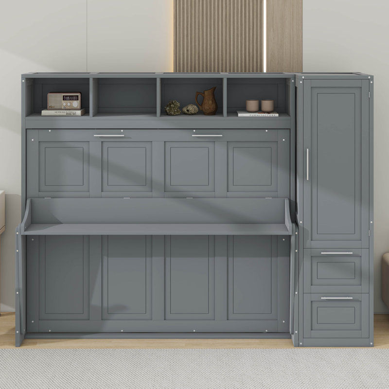 Murphy Bed With Closet And Drawers, Gray, Queen