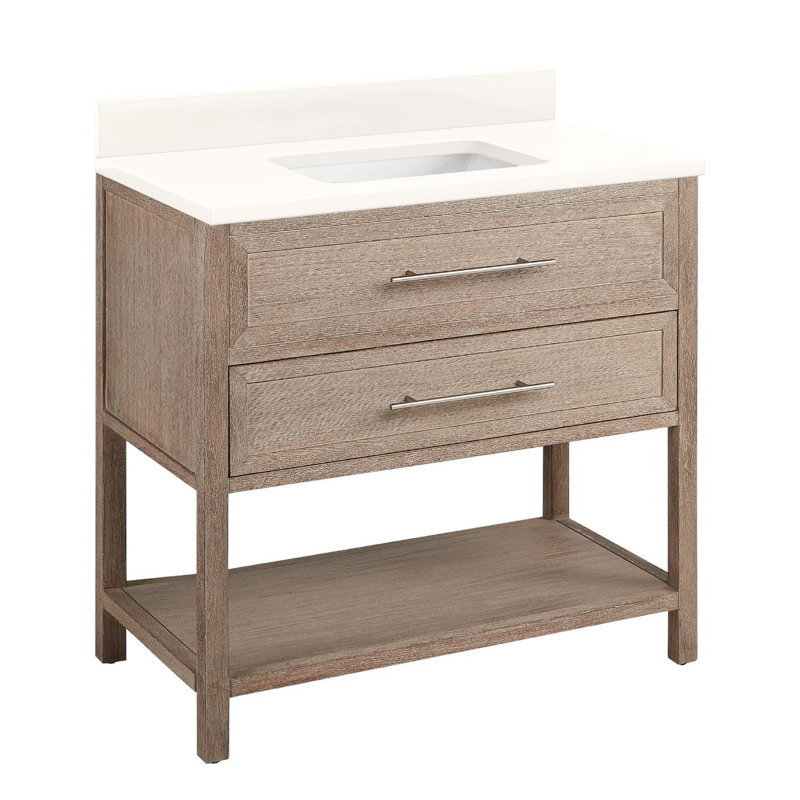 36" Robertson Single Bathroom Vanity Set with Rectangle Undermount Sink, Arctic White Quartz, No Faucet Hole, Brushed White