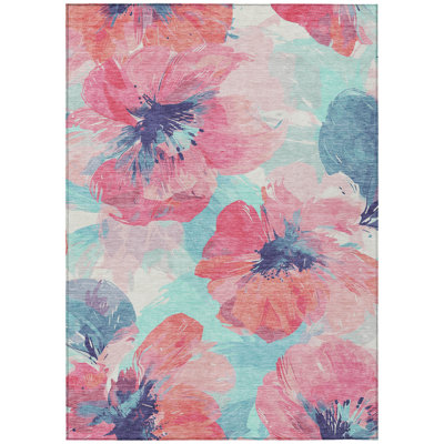 Tapis intérieur lavable floral rose et bleu ciel 5 pi x 8 pi