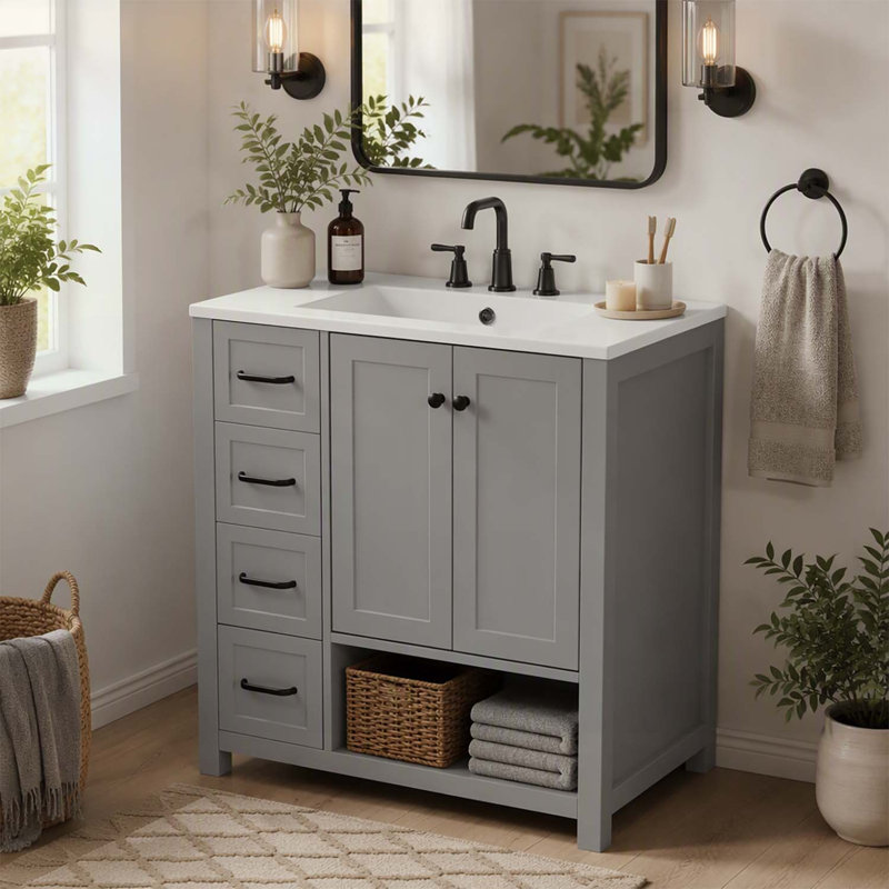 Meuble-lavabo en bois 30 po avec lavabo, deux portes, deux tiroirs et une tablette ouverte, gris