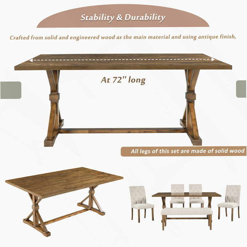 6-Piece Farmhouse Dining Table Set with 72" Wood Rectangular Table and Bench