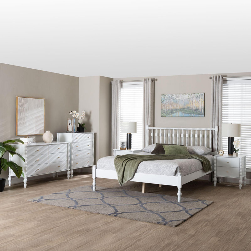 Ensemble de chambre à coucher à 5 tiroirs Baxton Studio Cherryl, Blanc, Lit double