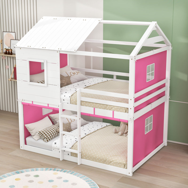 Lit superposé en bois avec toit et échelle, Lit superposé simple sur simple, Rose/Blanc