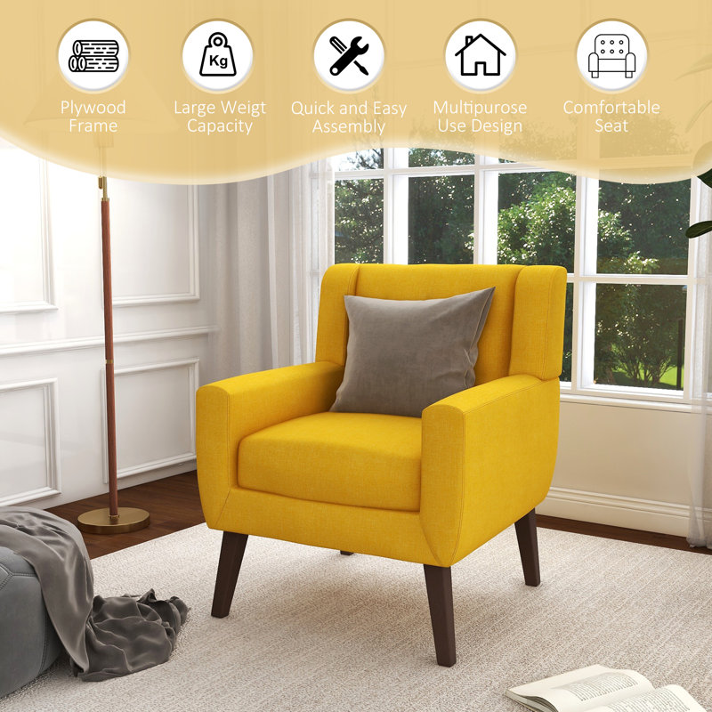 Jaqueze Upholstered Yellow Linen Blend Tufted Wide Back Armchair with Solid Wood Leg, Yellow Linen Blend