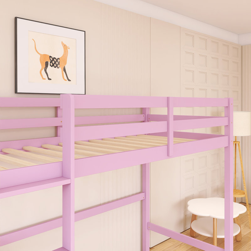 Lit mezzanine simple à structure en bois avec barrière de sécurité et bureau intégré, Rose