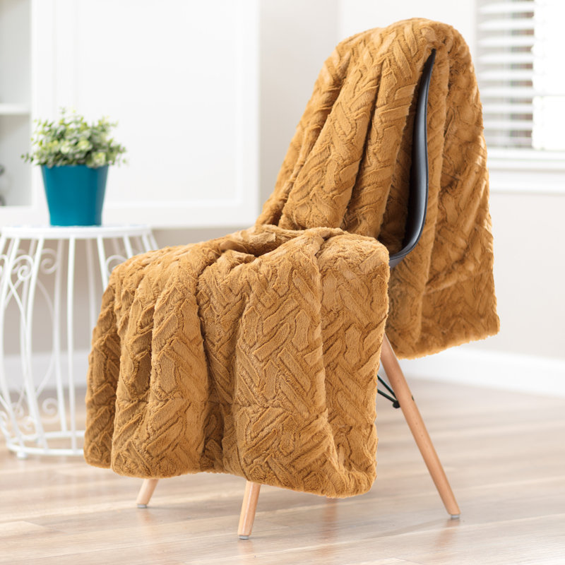 Golden Knitted Faux Fur Throw Blanket with Tassels