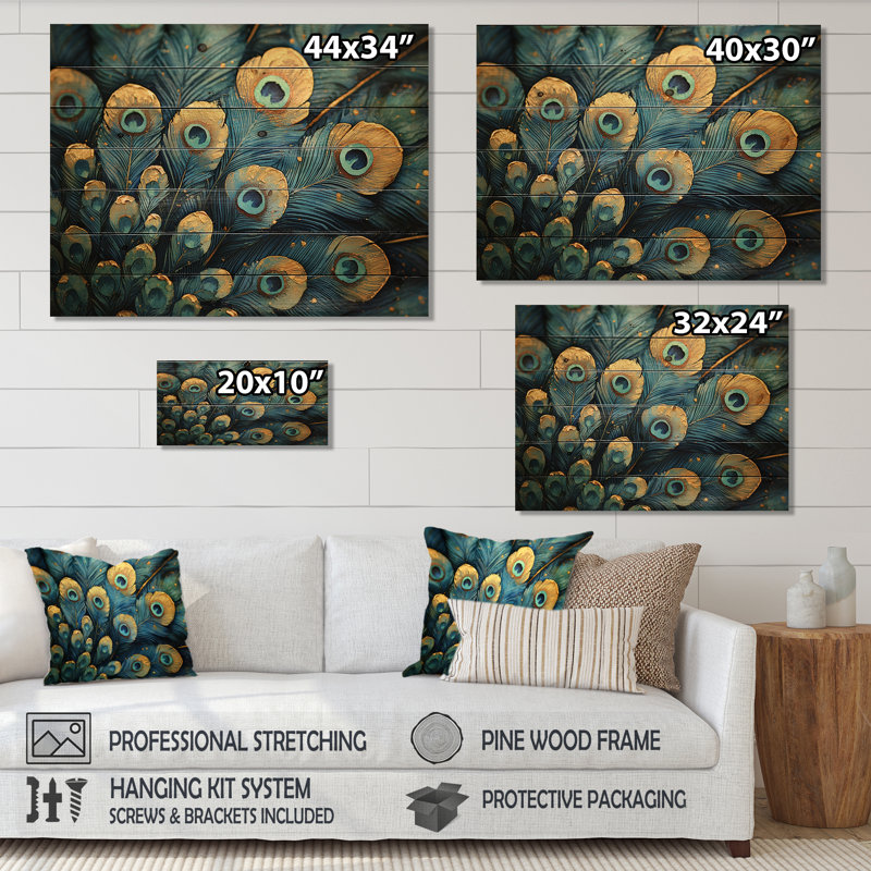 Plume de paon émeraude mosaïque I - paon, décoration murale animal en bois - sur bois de pin naturel